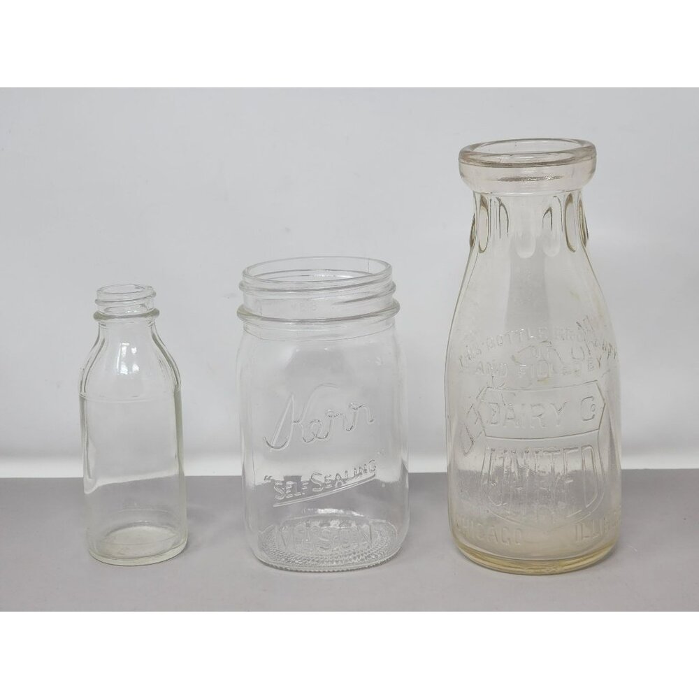3 Vintage Glass Bottles Mason Jar Dairy United 1Pint Kerr Self-Sealing Mason Jar